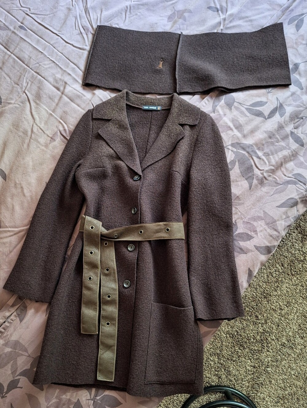 Cop. Copine Paris 100% Boiled Wool Two-Tone Scarf Coat Belted S Made In France